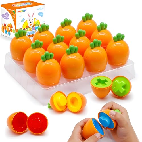 MOONTOY Montessori Spielzeug 1 2 3 Jahre, 12 Pcs Karotten Baby Motorik Passende Eier für 12 18 Monate Jungen Mädchen, Farbe & Form Sortierung Lernspielzeug Kindertag Geschenke für Kinder Kleinkind von MOONTOY