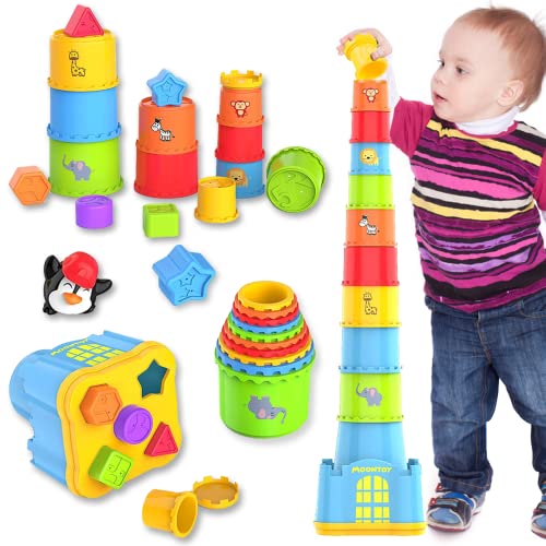 MOONTOY Stapelbecher Baby, Stapelturm ,Stapelwürfel ab 12 + Monate kinderspielzeug,Montessori Spielzeug ab 1-6 Jahr, Badewannen und Sandspielzeug für drinnen, draußen, Lernspielzeug Geschenk von MOONTOY