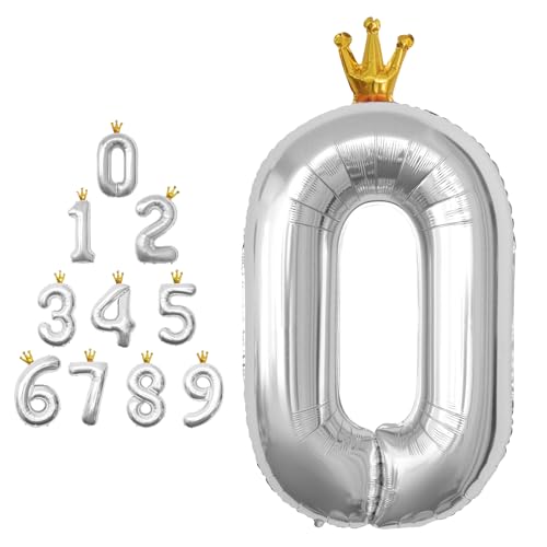 MORAINJAY 40 Zoll Silber Nummernballons mit Krone Große Folienballons für Geburtstage, Abschlüsse und Jubiläen Selbstaufblasbare Ziffern 0-9 von MORAINJAY