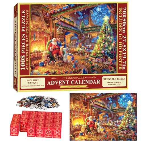 Adventskalender 2024 Jigsaw Puzzle, Familienurlaub Puzzle 1008 Teile Puzzles, 24 Boxen Puzzles für Countdown bis Weihnachten, Hausdekoration, Weihnachtsgeschenke für Erwachsene Kinder Jungen Mädchen von MORAINJAY