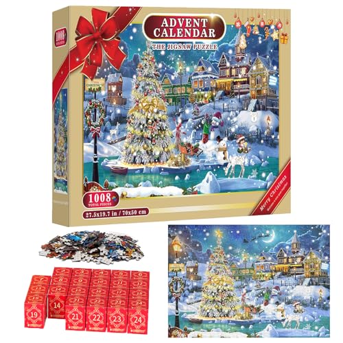 Adventskalender 2024 Jigsaw Puzzle, Familienurlaub Puzzle 1008 Teile Puzzles, 24 Boxen Puzzles für Countdown bis Weihnachten, Hausdekoration, Weihnachtsgeschenke für Erwachsene Kinder Jungen Mädchen von MORAINJAY