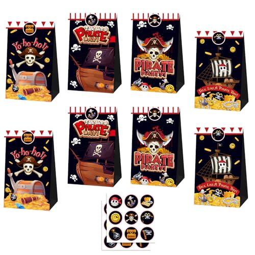 MORAINJAY 12 Stück Piraten Papiertüten mit 18 Aufklebern, 22x12x8cm Geschenktüten für Kindergeburtstag Pirat Thema Party, Mitgebsel, Gastgeschenke von MORAINJAY