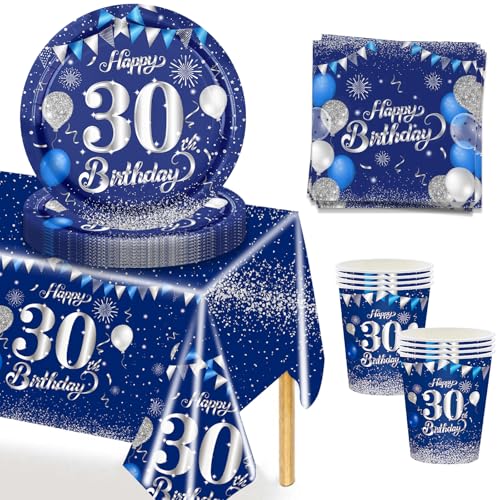 MORAINJAY 37 Stück 30 Geburtstagsdeko Partygeschirr Set,30. Blau Silver Tischdeko Geburtstag mit Tischdecken,Pappteller,Servietten für Geburtstagsdeko Mann/Frau Partys 16 Gäste 7 Zoll von MORAINJAY