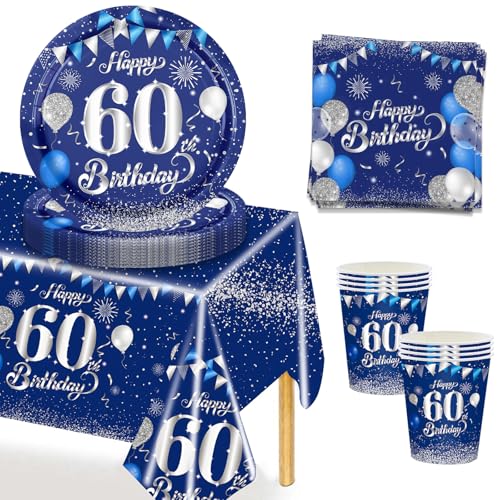 MORAINJAY 37 Stück 60 Geburtstagsdeko Partygeschirr Set,60. Blau Silver Tischdeko Geburtstag mit Tischdecken,Pappteller,Servietten für Geburtstagsdeko Mann/Frau Partys 16 Gäste 7 Zoll von MORAINJAY
