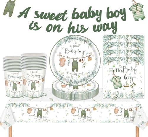 MORAINJAY 63 Stück Junge Babyparty Deko für 16 Gäste, Babyshow Partygeschirr mit Pappteller Pappbecher Servietten Tischdecke, Baby Boy Banner Girlande für Baby Dusche Babyshowerparty Geburtstag von MORAINJAY