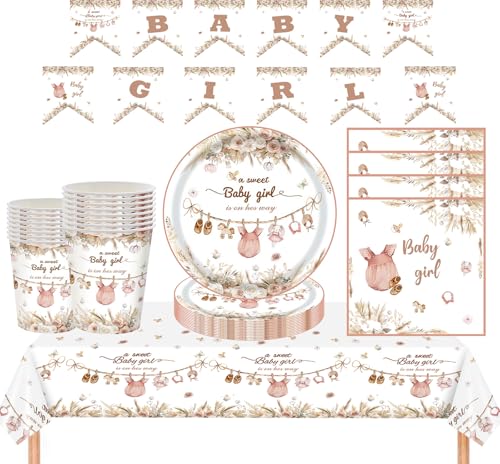 MORAINJAY 65Pcs Mädchen Babyparty Deko für 16 Gäste, Babyshow Partygeschirr mit Pappteller Pappbecher Servietten Tischdecke, Baby Girl Banner Girlande für Baby Dusche Babyshowerparty Geburtstag MORAINJAY 65Pcs Mädchen Babyparty Deko für 16 Gäste, Babyshow Partygeschirr mit Pappteller Pappbecher Servietten Tischdecke, Baby Girl Banner Girlande für Baby Dusche Babyshowerparty Geburtstag von MORAINJAY
