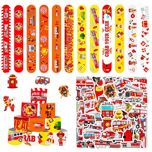 MORAINJAY 36 Stück Feuerwehr-Slap-Armbänder und 50 Sticker, Slap-Bänder für Partytüten, Feuerwehr-Geburtstagsgeschenke für Kinder, Mitgebsel für Jungen und Mädchen von MORAINJAY