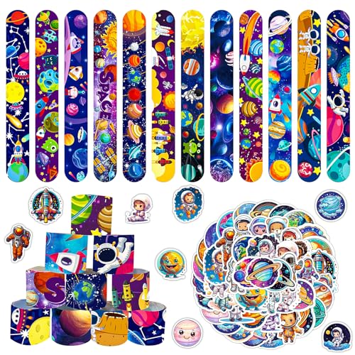 MORAINJAY 36 Stück Weltraum-Slap-Armbänder und 50 Sticker, Planeten-Slap-Bänder für Partytüten, Planeten-Geburtstagsgeschenke für Kinder, Mitgebsel für Mädchen und Jungen, Weltraum-Partybedarf von MORAINJAY