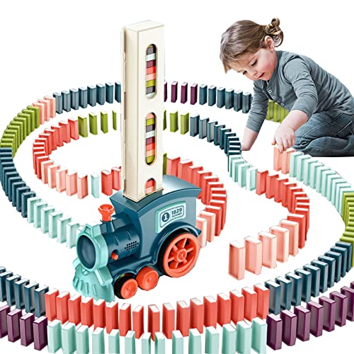 Domino Zug Spielzeug, 100 Stück Domino Baustein Zug Set, Automatischer Dominosteine Zug Spiel mit Ton, Kinder Elektrischer Domino Train Rallye Spielzeug Weihnachten Geschenk für Jungen Mädchen (Blau) von MOREASE