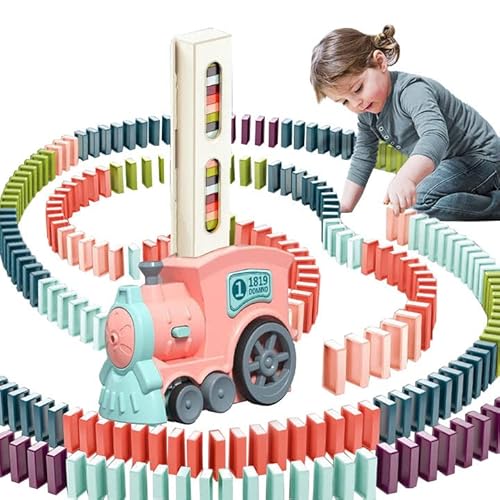 Domino Zug Spielzeug, 120 Stück Domino Baustein Zug Set, Automatischer Dominosteine Zug Spiel mit Ton, Kinder Elektrischer Domino Train Rallye Spielzeug Weihnachten Geschenk für Jungen Mädchen (Rosa) von MOREASE
