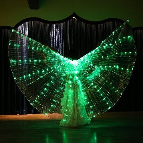 Leuchtende Feenflügel Erwachsene Frauen | LED Grün Bauchtanz Isis Flügel mit Teleskopstab | Regenbogen Schmetterlingsflügel Festival Wear für Karneval Halloween Weihnachten Leuchtende Gostume (Grün) von MOREASE