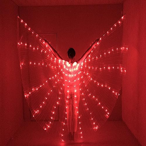 Leuchtende Feenflügel Erwachsene Frauen | LED Rote Bauchtanz Isis Flügel mit Teleskopstab | Regenbogen Schmetterlingsflügel Festival Wear für Karneval Halloween Weihnachten Leuchtend Rostume (Rot) von MOREASE