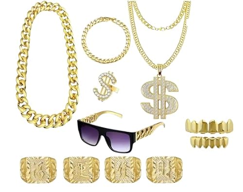 10 Stück 80er Jahre Outfit Herren (Ketten,Armbänder,Ringe, Falsche Zähne,Brillen), Hip Hop Rapper Kostüm, Goldkette Herren, Dollar-Design, Perfektes Karnevalfest und Deko-partys von MOSNOW