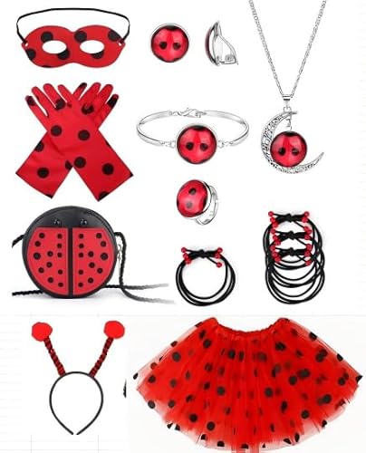 13Pcs Ladybug Kostüm Set für Mädchen, Kinder - mit Maske, Handschuhe, Tasche, Haarbänder, Halskette, Ohrringe, Ring, Haarspange, Kleid - Ladybug kostüm für Karneval, Kinderparty 13Pcs Ladybug Kostüm Set für Mädchen, Kinder - mit Maske, Handschuhe, Tasche, Haarbänder, Halskette, Ohrringe, Ring, Haarspange, Kleid - Ladybug kostüm für Karneval, Kinderparty von MOSNOW