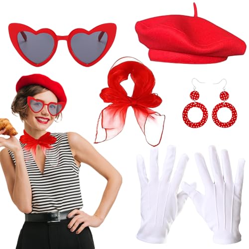 5-teiliges französisches Kostüm, französisches Frauen-Set mit roter Baskenmütze und Brille, Schal, Ohrringen, Handschuhen, Künstler, Mime, Kostüm, Cosplay, Kostüme für Frauen, Partyverkleidungen von MOSNOW