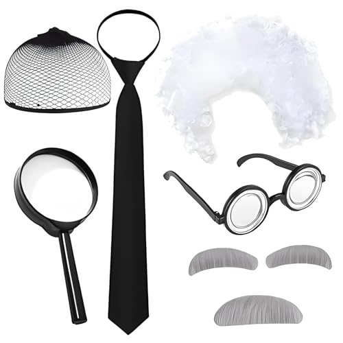 6-teiliges verrücktes Wissenschaftler-Kostüm, inklusive krauser weißer Perücke, Brille, Haarnetz, lustige Schnurrbärte, Augenbrauen, Krawatte und Lupe, Kinder-Wissenschaftskostüm für Festival, Party von MOSNOW