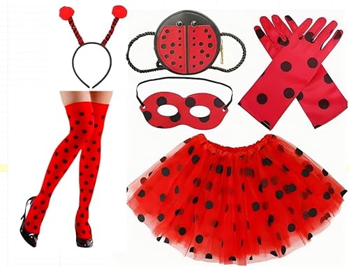 6pcs Ladybug Kostüm Mädchen, Niedliches Ladybug Kostüm Set mit Tasche, Maske, Handschuhe, Haarspange, Kleid & Strumpf - Lady Bug Spielzeug für Geburtstagsparty (Rot Schwarz) von MOSNOW
