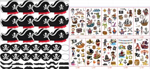 MOSNOW 12 Sets Piratenhut Kinder mit Augenklappe,Schnurrbärten & Tattoos–Piratenkostüm Kinder,Geburtstage und halloween–Ideales Geschenk von MOSNOW
