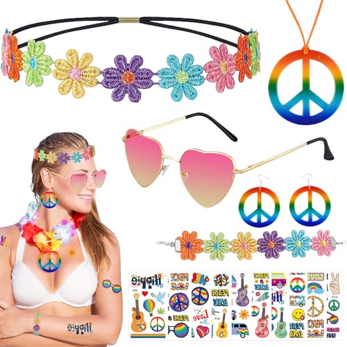 MOSNOW 16-teiliges Hippie-Kostüm-Set, Hippie-Kostüm für Damen, mit Gänseblümchen-Haarband, Armband, Friedenshalskette, Hippie-Brille, Ohrringe, Tatoos für 70er-Jahre-Kostüm von MOSNOW