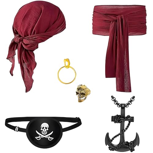 MOSNOW 6-teilig Piratenkostüm für Erwachsene, Damen und Herren, Renaissance, Rotes Bandana und Taillengürtel, Piraten-Augenklappe, Schwarze Anker-Halskette, Ringohrringe für Verkleidung und Cosplay von MOSNOW