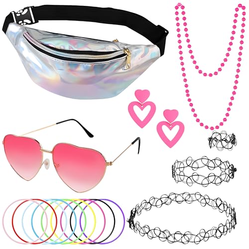 90er Jahre Outfit Damen - Retro Neon Style mit Silber Bauchtasche & Rosa Sonnenbrille - Fashionable & Vielseitig für Party Outfit, Festival, Kostüm - Frauen Hippie Accessoires von MOSNOW