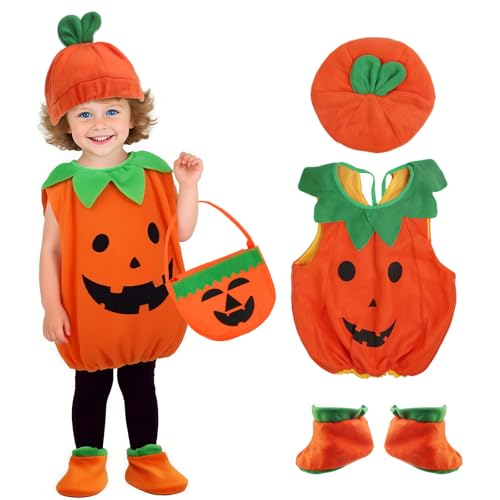 MOSTFUN Halloween Kostüm Kürbis Kinder, Pumpkin Kostüm Set mit Hüte Süßigkeitentasche und Schuhe für Halloween Party Pumpkin Cosplay Karneval, 3-4Jahre, Orange von MOSTFUN