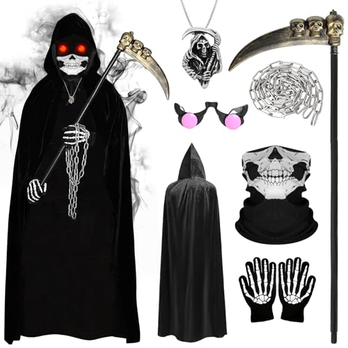 MOSTFUN Halloween Sensenmann Kostüm Set, Sensenmann Umhang mit Kapuze, Sense Lichtbare Brille Kunststoff Kette Skelett Gesichtsmaske Anhänger und Handschuhe für Kinder Halloween Cosplay Dekoration MOSTFUN Halloween Sensenmann Kostüm Set, Sensenmann Umhang mit Kapuze, Sense Lichtbare Brille Kunststoff Kette Skelett Gesichtsmaske Anhänger und Handschuhe für Kinder Halloween Cosplay Dekoration von MOSTFUN
