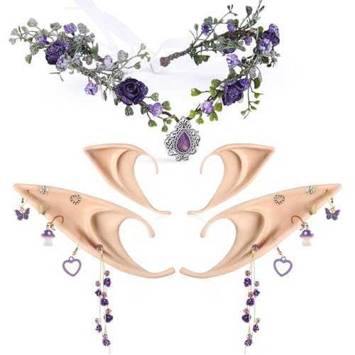 MOSTORY Feen Zubehörset für Frauen - Lila Blumen Elfenkrone und Elfenohren mit Piercings, Feenkopfschmuck, Fae Ohrringe Set für Cosplay, Renaissance Zubehör, Renfaire Kostüm Halloween von MOSTORY