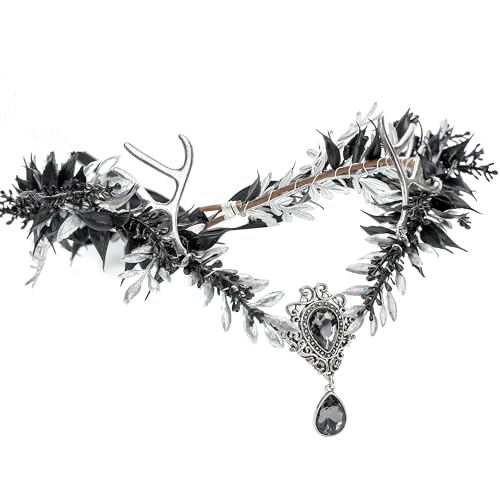 MOSTORY Gothic Blume Geweih Krone - Elf Floral Circle für Dunkle Fee Kostüm Zubehör Damen, Schwarz Elfen Kopfschmuck für Renaissance Renfaire Goth Cosplay Halloween von MOSTORY