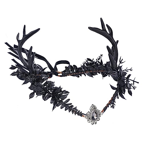 MOSTORY Handgefertigte Gothic-Elfenkrone mit Hirschhörnern, schwarze Fee, Blume, Kopfschmuck, mittelalterliches Geweih, Haarkranz, Elfe, Cosplay, Haarreif für Damen, Hochzeit, Braut, Karneval, von MOSTORY