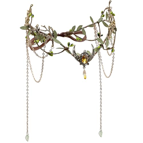 MOSTORY Mittelalter Elfen Kopfschmuck für Frauen - Gold Woodland Fairy Crown mit Quaste für Renaissance Zubehör Floral Elfen Kreis für Wikinger Kostüm Renfaire Cosplay Fairycore von MOSTORY