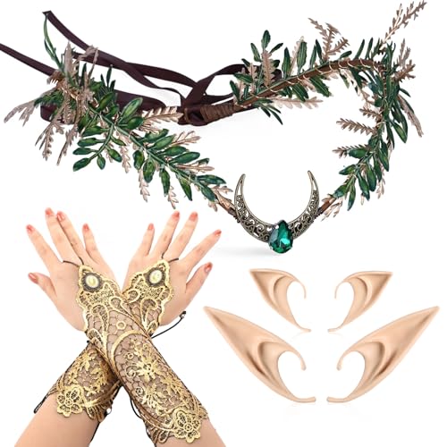 MOSTORY Renfaire Kostümset für Frauen - 4 Teile Feenblütenkrone, mittelalterliche fingerlose Spitze Blumenhandschuhe und Elfenohren Set für Renaissance Outfit Halloween Zubehör Cosplay von MOSTORY