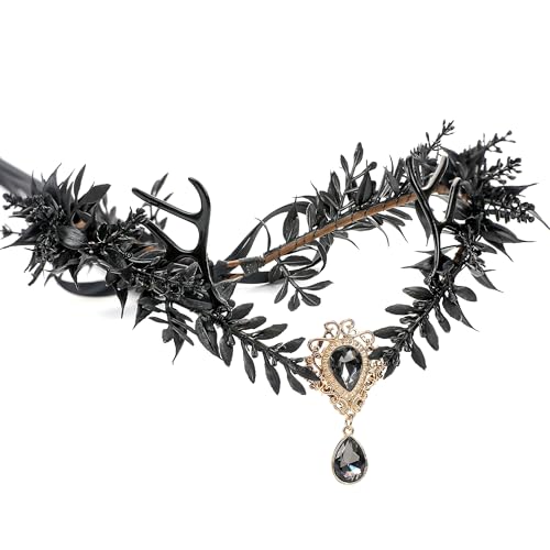 MOSTORY Schwarze Blume Elfenkrone - Gothic Geweih Kopfschmuck für dunkle Feenkostüm Damen, Goth Floral Kreis für Renaissance Faire Zubehör Cosplay Halloween Party von MOSTORY