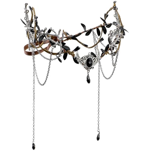 MOSTORY Schwarze Elfenkrone für Damen - Wikingerkreis mit Quaste, dunkles Feenkostüm für Renaissance, Mittelalter Elfen Kopfschmuck für Renfaire, Cosplay, Fotoshooting, Fantasie, ästhetisch von MOSTORY