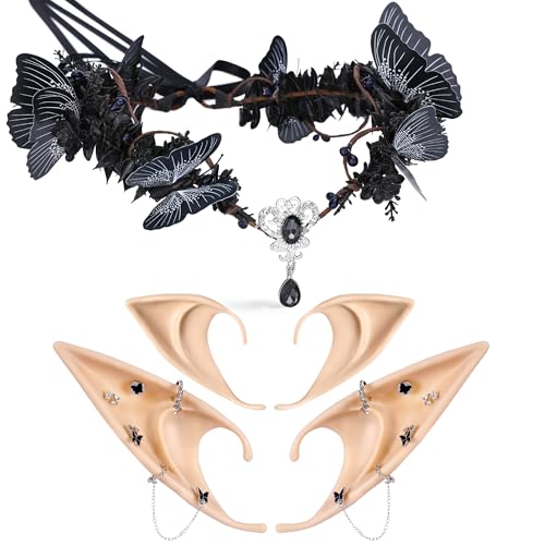 MOSTORY Schwarzes Renaissance Zubehörset - Dunkle Feenkrone und gotische durchbohrte Elfenohren, Schmetterlingskrone Set für Renfaire Kostümset für Frauen, Halloween Zubehör, Hexenästhetik Cosplay MOSTORY Schwarzes Renaissance Zubehörset - Dunkle Feenkrone und gotische durchbohrte Elfenohren, Schmetterlingskrone Set für Renfaire Kostümset für Frauen, Halloween Zubehör, Hexenästhetik Cosplay von MOSTORY
