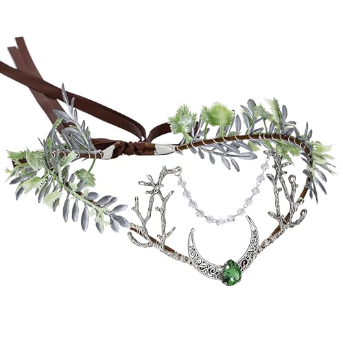 MOSTORY Silberner Mond, florale Elfenkrone für Renaissance, Cosplay, Waldfee, Kopfschmuck für Renfaire, Halloween-Party von MOSTORY