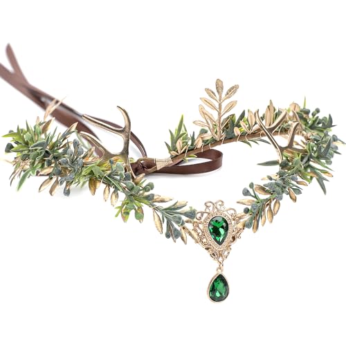 MOSTORY Woodland Antler Fairy Crown - Wald Renaissance Kopfbedeckung für Frauen Cosplay Fotoshooting Blume Elf Krone Kreis für Renfaire Kostüm Fairycore Ästhetische Halloween von MOSTORY