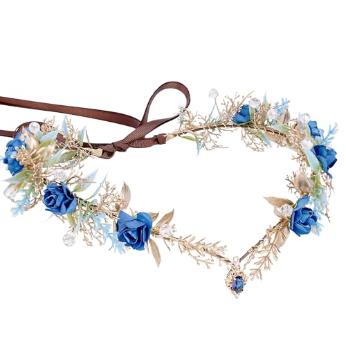 MSOTORY Blauer Feen-Kopfschmuck für Damen – Wooldand Blumenkrone Stirnband für Feenkostüm Renaissance Faire, Elfenwald Kreis für Elfen Cosplay Fotoshooting Fairycore Aesthetic von MOSTORY