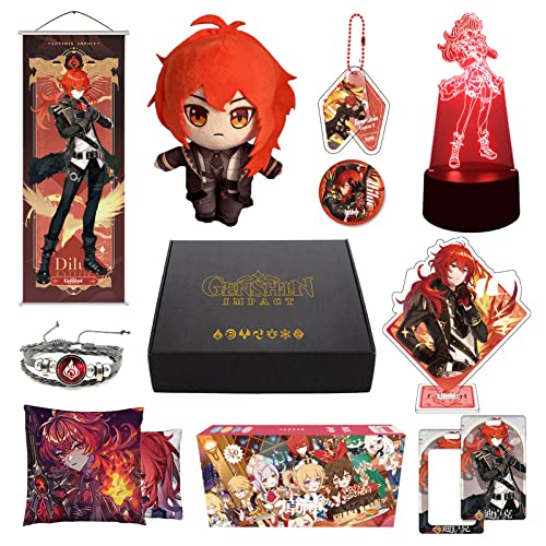 349Pcs Genshin Impact Box Diluc Merch Set mit 12 Arten von Genshin Merch, Plüschpuppen, Poster und Nachtlicht, Geschenke Sammlerstücke für Fans (Diluc) von MOTAO