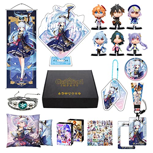 Genshin Impact Merch Box Kamisato Ayaka Geschenkbox inkl. Poster, 6 Figuren, Stand Figur, Kissenbezug, Armband, Abzeichen, Schlüsselanhänger, Kartenhalter, 30 Lomo Karten, 50 Aufkleber von MOTAO