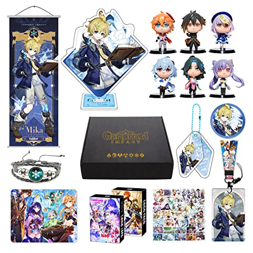 Genshin Impact Merch Box Mika Geschenkbox inkl. Poster, 6 Figuren, Stand Figur, Mauspads, Armband, Abzeichen, Schlüsselanhänger, Kartenhalter, 30 Lomo Karten, 50 Aufkleber von MOTAO