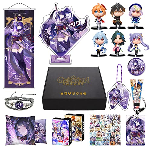 Genshin Impact Merch Box Raiden Shogun Geschenkbox inkl. Poster, 6 Figuren, Stand Figur, Kissenbezug, Armband, Abzeichen, Schlüsselanhänger, Kartenhalter, 30 Lomo Karten, 50 Aufkleber Genshin Impact Merch Box Raiden Shogun Geschenkbox inkl. Poster, 6 Figuren, Stand Figur, Kissenbezug, Armband, Abzeichen, Schlüsselanhänger, Kartenhalter, 30 Lomo Karten, 50 Aufkleber von MOTAO