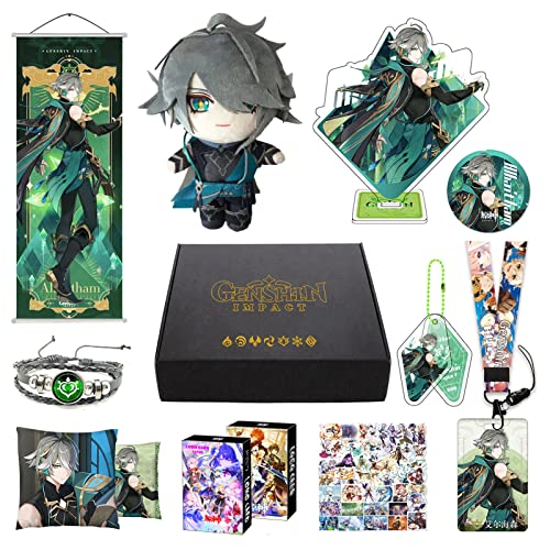 Genshin Impact Merch Box inkl. 11 Geschenk, Alle 5 Stars Charaktere Plush Poster Stand Figur Geschenkbox Set, Sammlung für Traveller Fans (Al Haitham) von MOTAO