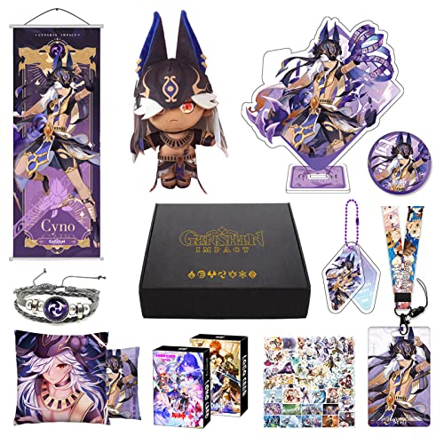 Genshin Impact Merch Box inkl. 11 Geschenk, Alle 5 Stars Charaktere Plush Poster Stand Figur Geschenkbox Set, Sammlung für Traveller Fans (Cyno) von MOTAO