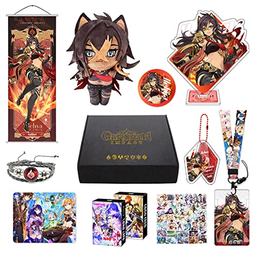 Genshin Impact Merch Box inkl. 11 Geschenk, Alle 5 Stars Charaktere Plush Poster Stand Figur Geschenkbox Set, Sammlung für Traveller Fans (Dehya) von MOTAO