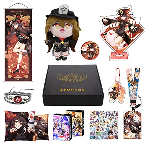 Genshin Impact Merch Box inkl. 11 Geschenk, Alle 5 Stars Charaktere Plush Poster Stand Figur Geschenkbox Set, Sammlung für Traveller Fans (Hu Tao) von MOTAO
