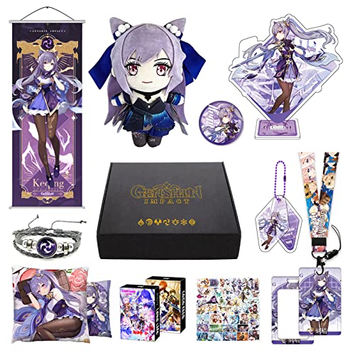 Genshin Impact Merch Box inkl. 11 Geschenk, Alle 5 Stars Charaktere Plush Poster Stand Figur Geschenkbox Set, Sammlung für Traveller Fans (Keqing) von MOTAO