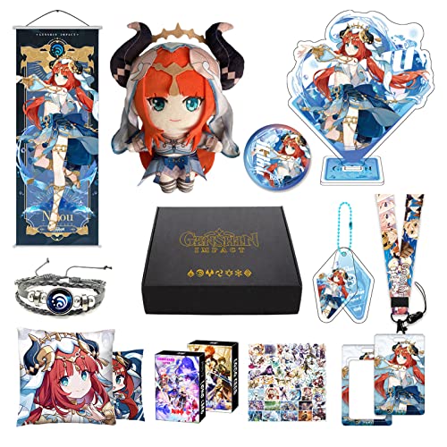 Genshin Impact Merch Box inkl. 11 Geschenk, Alle 5 Stars Charaktere Plush Poster Stand Figur Geschenkbox Set, Sammlung für Traveller Fans (Nilou) von MOTAO