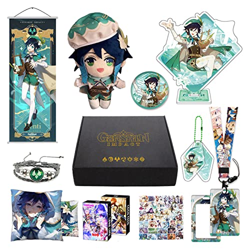 Genshin Impact Merch Box inkl. 11 Geschenk, Alle 5 Stars Charaktere Plush Poster Stand Figur Geschenkbox Set, Sammlung für Traveller Fans (Venti) von MOTAO