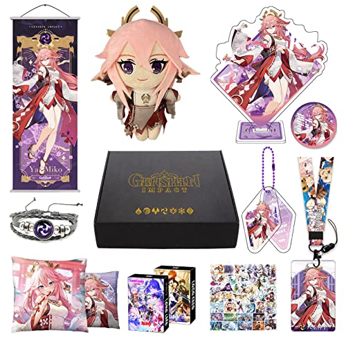 Genshin Impact Merch Box inkl. 11 Geschenk, Alle 5 Stars Charaktere Plush Poster Stand Figur Geschenkbox Set, Sammlung für Traveller Fans (Yae Miko) von MOTAO